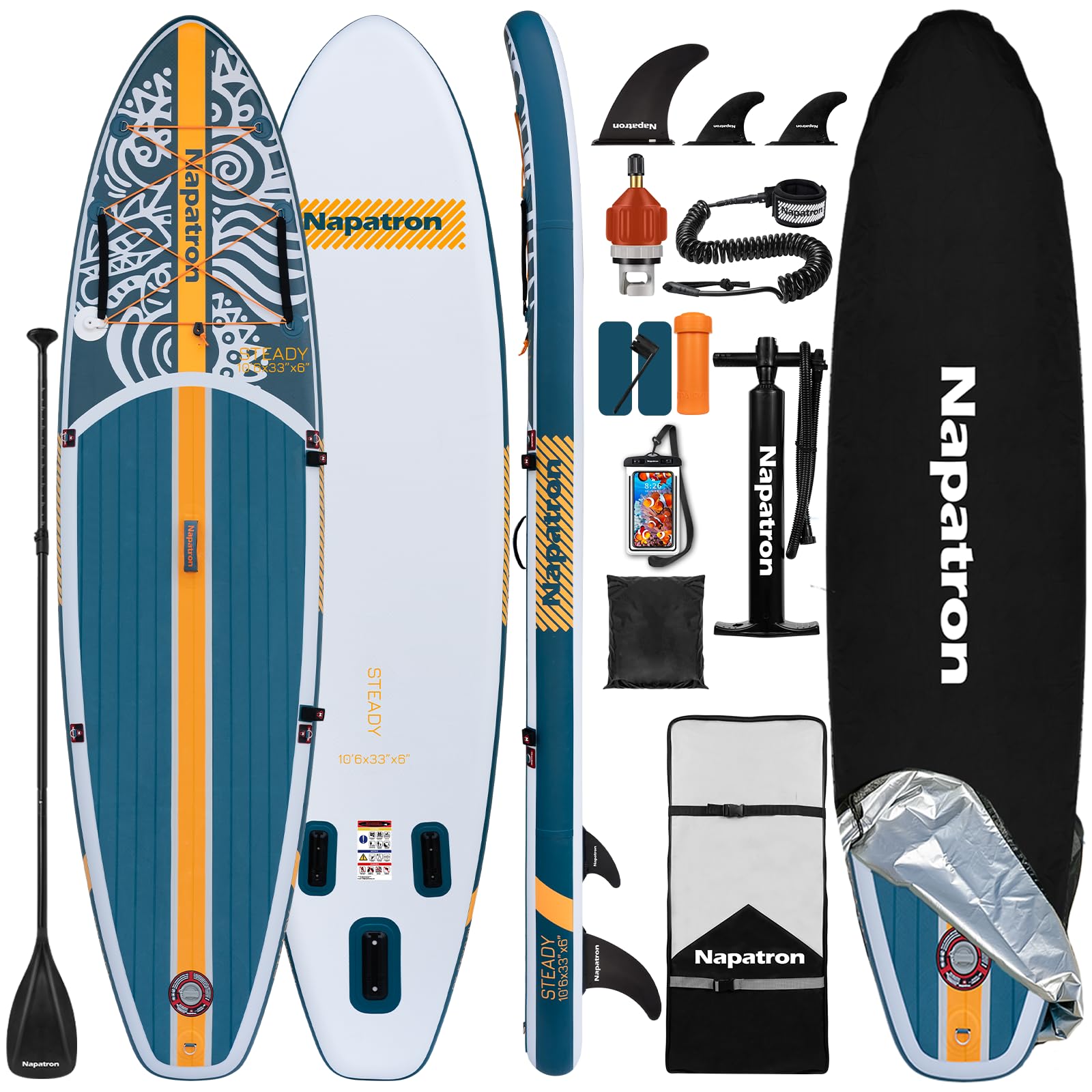 Napatron Planche à pagaie gonflable, 3 m, ultra légère avec pagaie réglable, pont antidérapant, laisse enroulée et sac de transport, planche à pagaie stable tout autour pour adultes