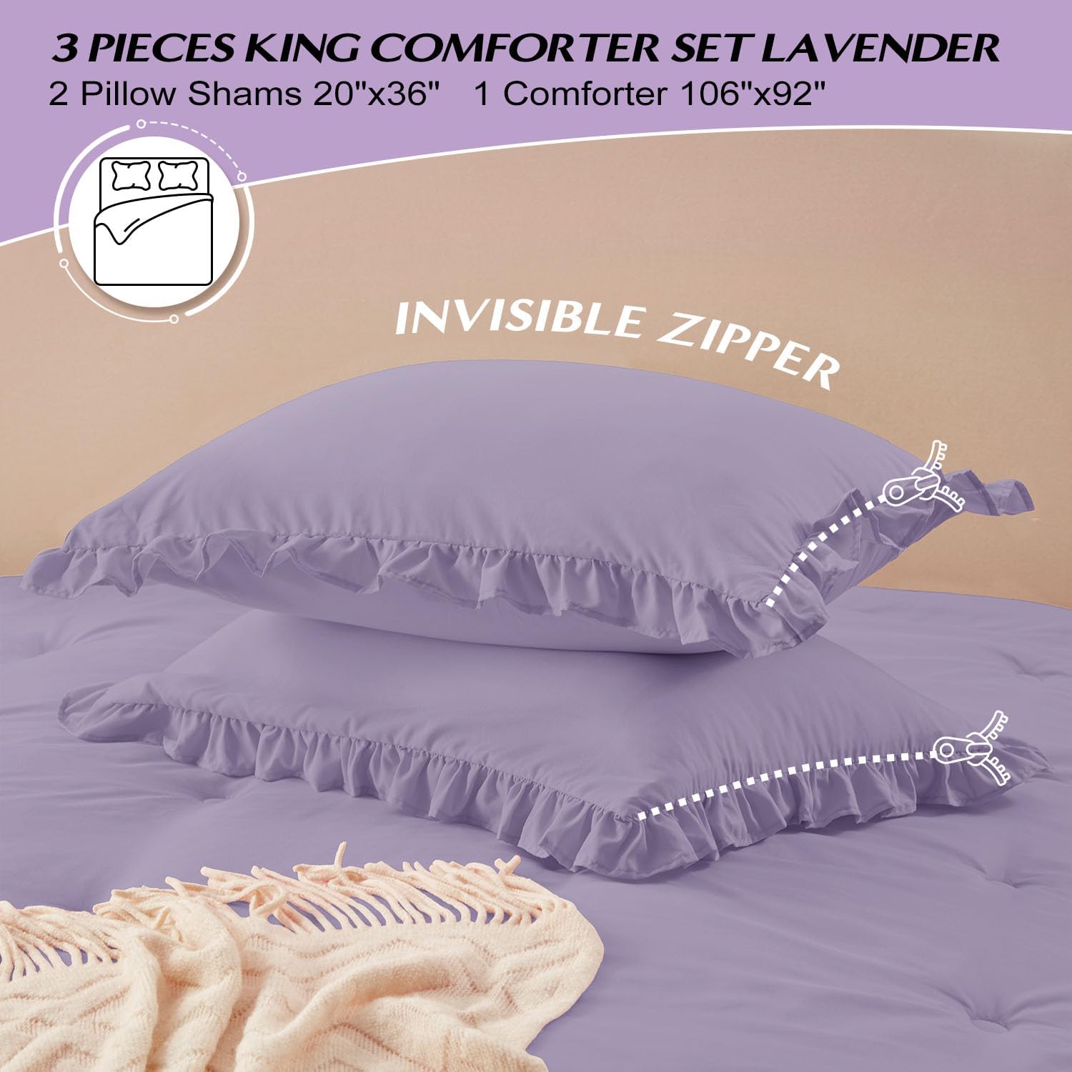 HARBOREST King Comforter & Pillow Shams - Lavender, Fluffy King Size Bedding for All Seasons, Shabby Chic 3-Piece Set - Image 6