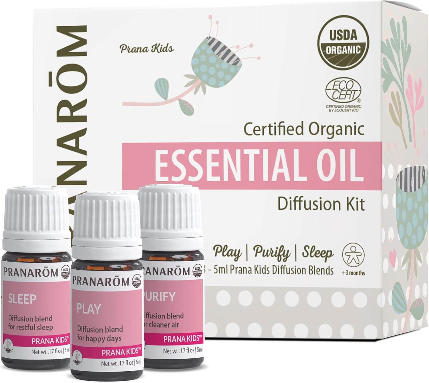 Pranarom – Play, Purify & Sleep Diffusion Kit (3-Pack of 5ml) – 100% Pure Essential Oil for Children & Kids| USDA and ECOCERT Certified Organic