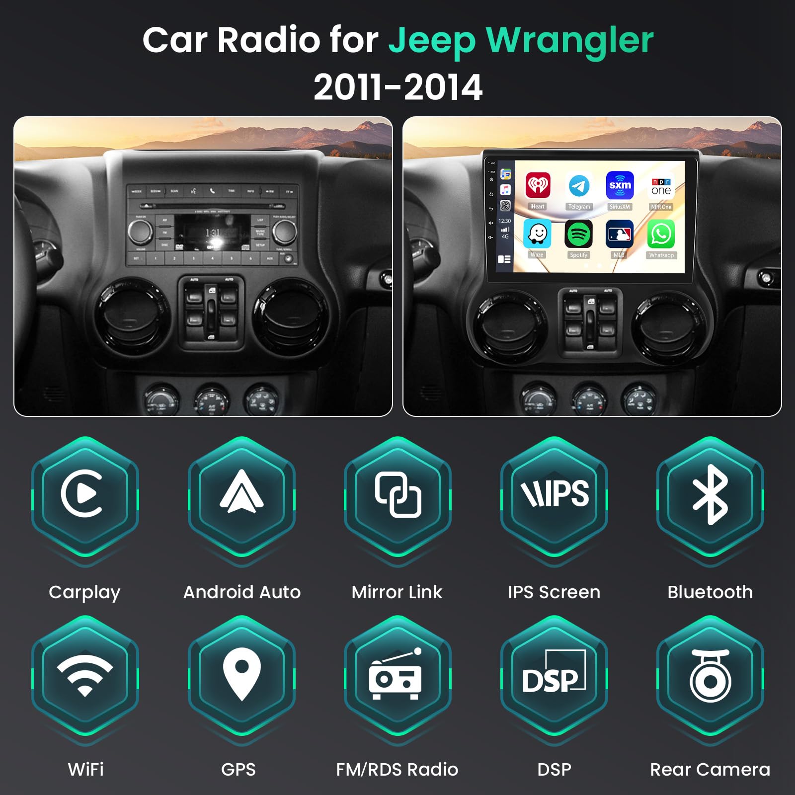 Car Stereo for Jeep Wrangler 2011-2014 Android Radio Hikity 8-Core 6+128G, Touchscreen 10.1 Inch Radio