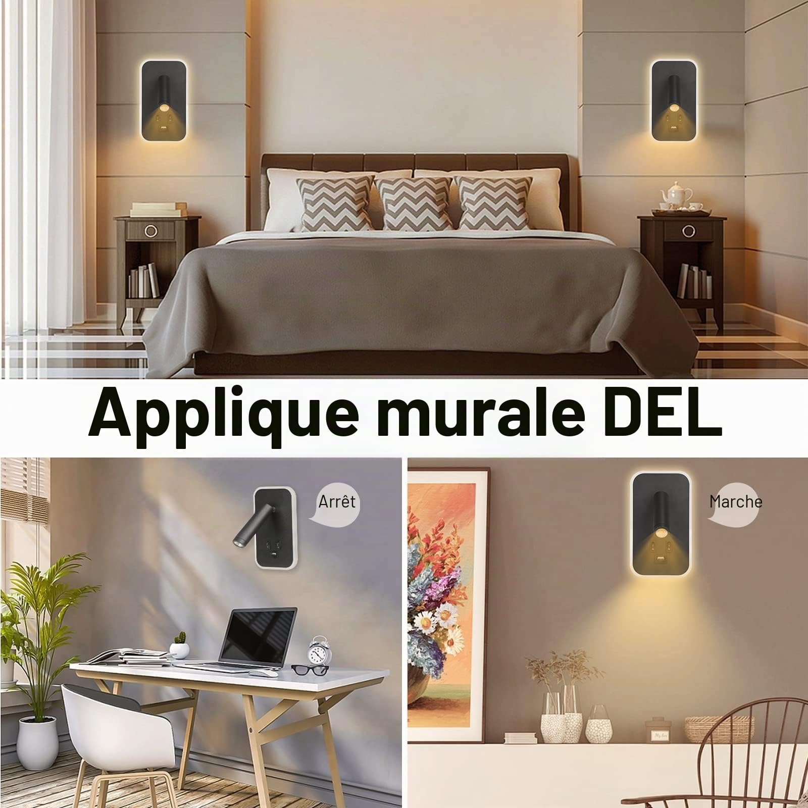 Liseuse de Chevet, 2PCS Applique Murale LED Chambre avec Interrupteur et Charge USB, 3W+9W 3000K Fixation Murale Spot Rotatif, Lumières Mural Lit Lampe Murale Couloir Hotel (Noir-2pcs)