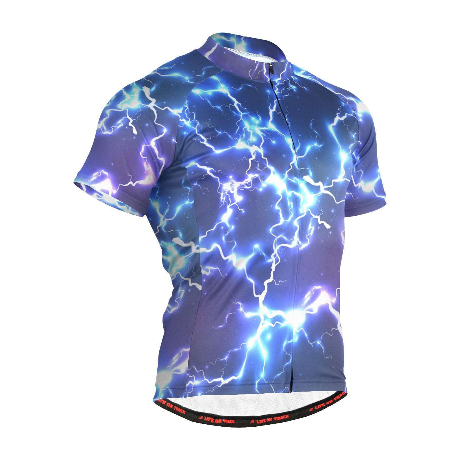JHKKU Blue Electric Lightning Cycling Jersey Men Short Sleeve, Road Bike Jerseys Full Zipper with Pockets, Bicycle Clothing M