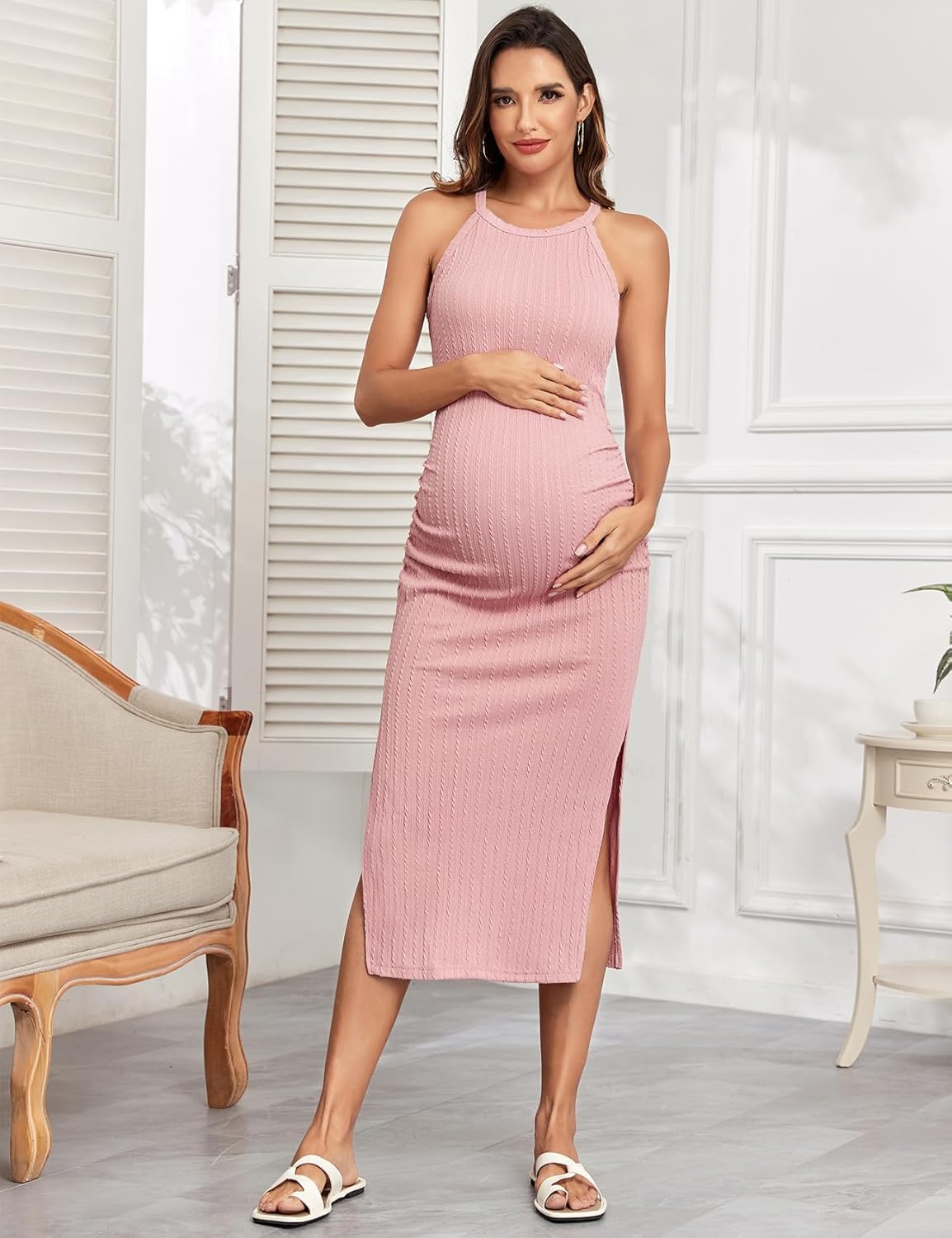 2025 Ribbed Summer Maternity Bodycon Dress Sleeveless Halter Neck Ruched Slit Pregnancy Long Dress Baby Shower Casual - Image 4