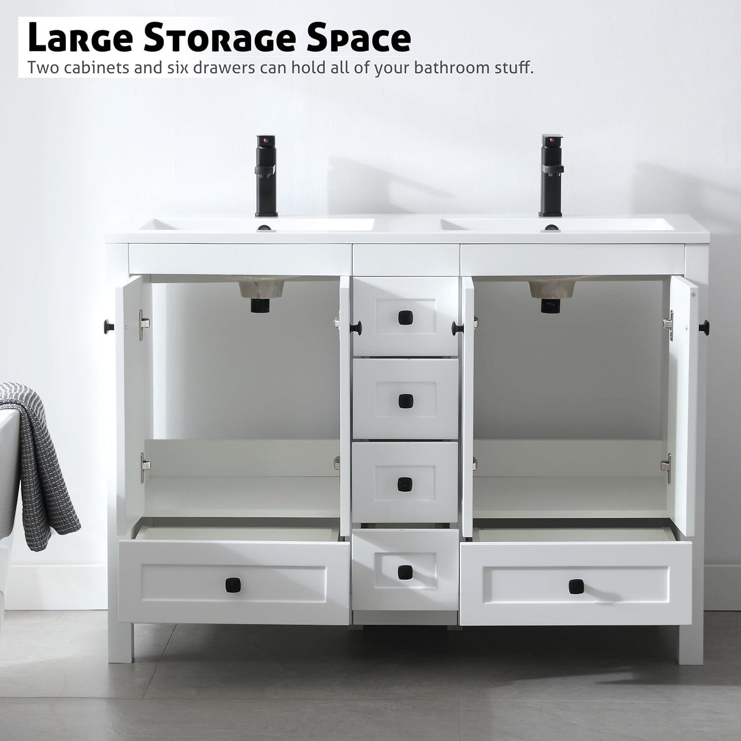 LUCKWIND 48-inch White Bathroom Vanity with doors and drawers open, showcasing internal storage.