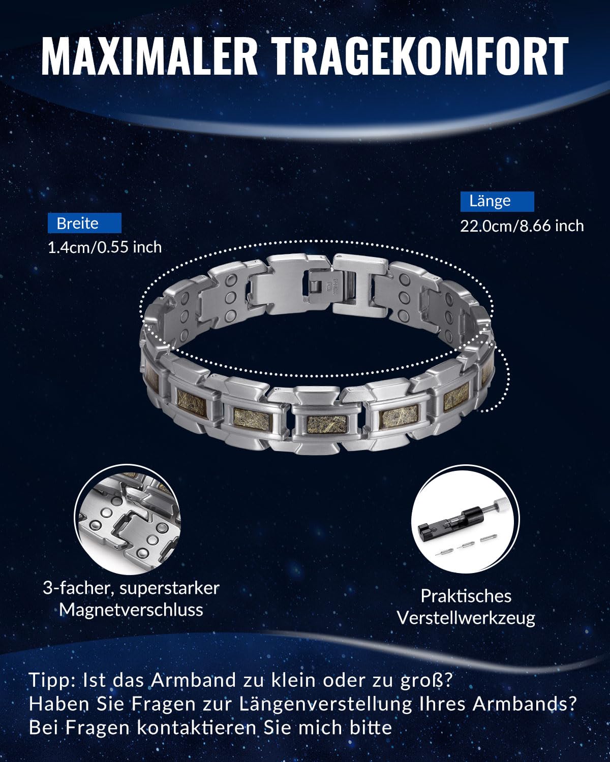 RainSo Herren Magnetarmband,Scorpion Clamp Dreireihiges magnetisches Edelstahlarmband,Wird mit kostenlosem Werkzeug zum Entfernen von Gliedern und einer Schmuckgeschenkbox (Silber und Champagner)
