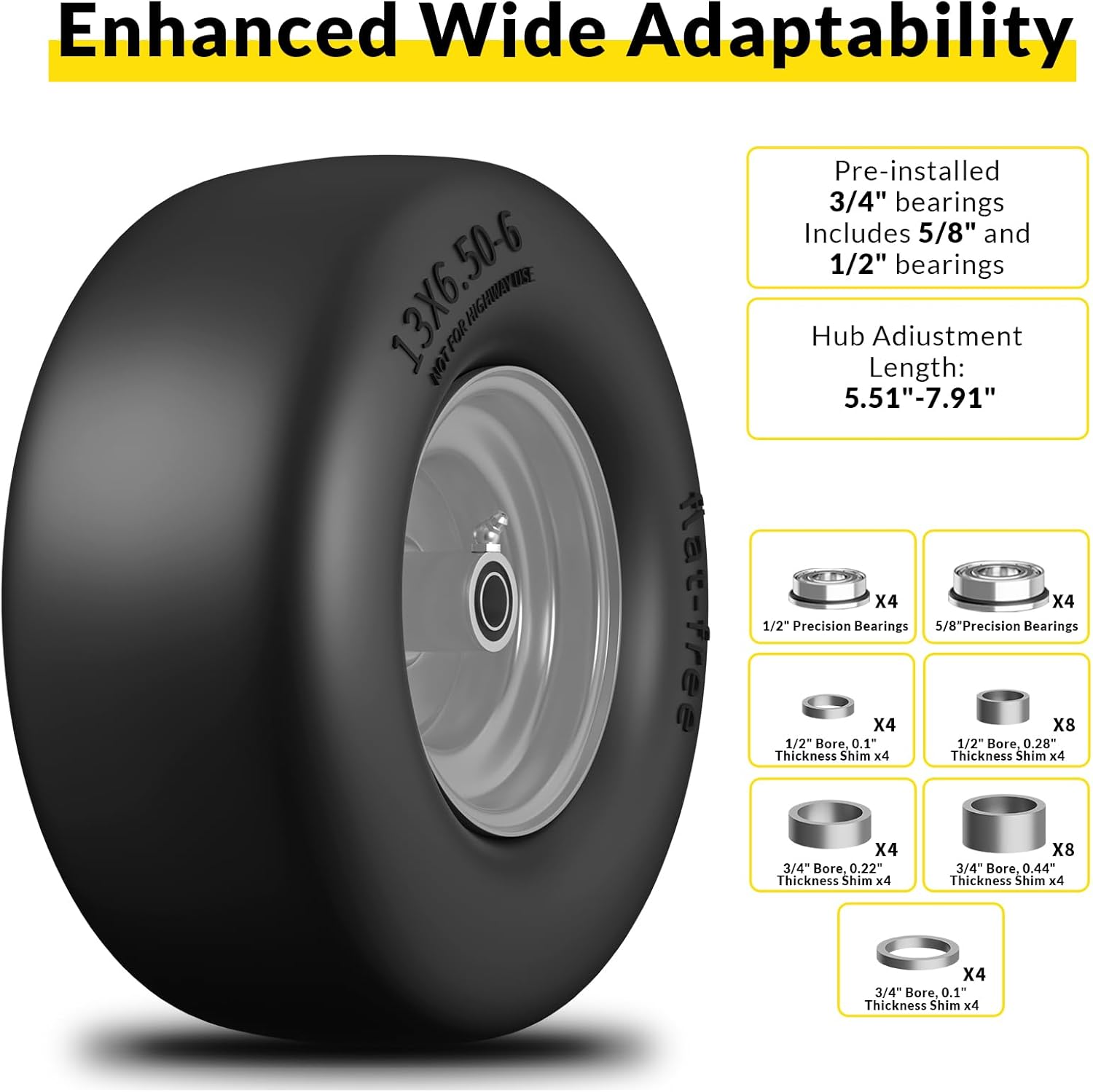 RONPOW 13x6.50-6 Flat Free Lawn Mower Tires and Wheel, 13x6.5-6 Solid Front Tire for Zero Turn Lawnmower, Universal 3/4, 5/8 and 1/2 Bearings, 500Lbs Load, 5.51-7.91 Hub Spacers, 2Pack Gray