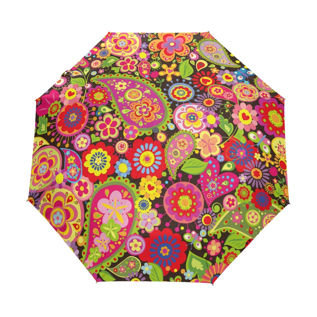 Auto Folding Umbrella Spring Floral Paisley Pattern Windproof Anti-UV Protection Travel Compact Rain Umbrella for Women Ladies Men Girls