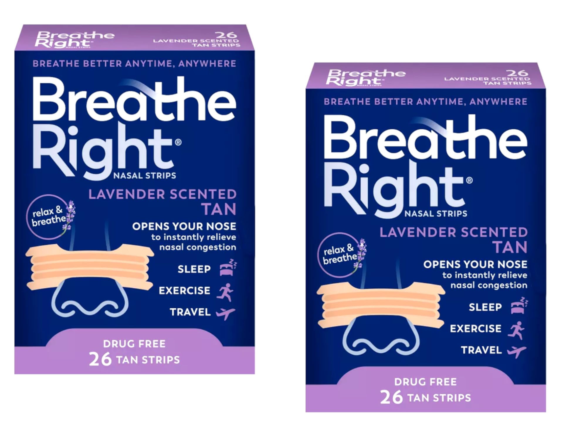 Breathe Right Calming Lavender Scented Drug-Free Nasal Strips for Nasal Congestion Relief 26 Count - Pack of 2
