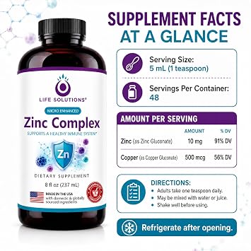Life Solutions Liquid Zinc Supplement with Copper, Zinc Gluconate & Copper Gluconate, Zinc Complex for Daily Mineral Support, No Pills, Non-GMO, 8 fl oz, 48 Servings