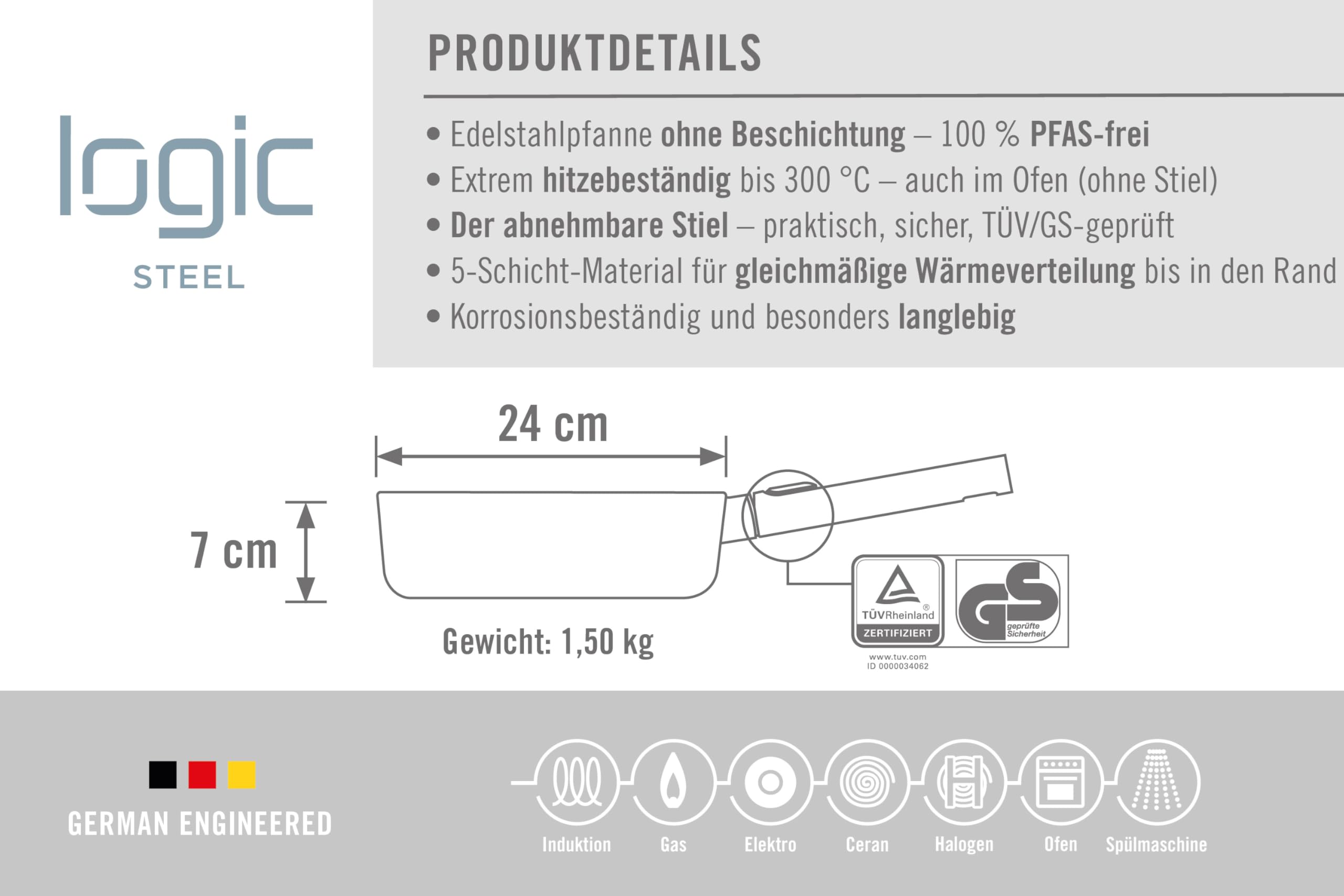 Woll Logic Steel patelnia z wysoką krawędzią, indukcyjna, Ø 24 cm, wysokość 7 cm ze zdejmowanym trzonkiem, nadaje się do wszystkich rodzajów kuchenek, nie zawiera PFAS
