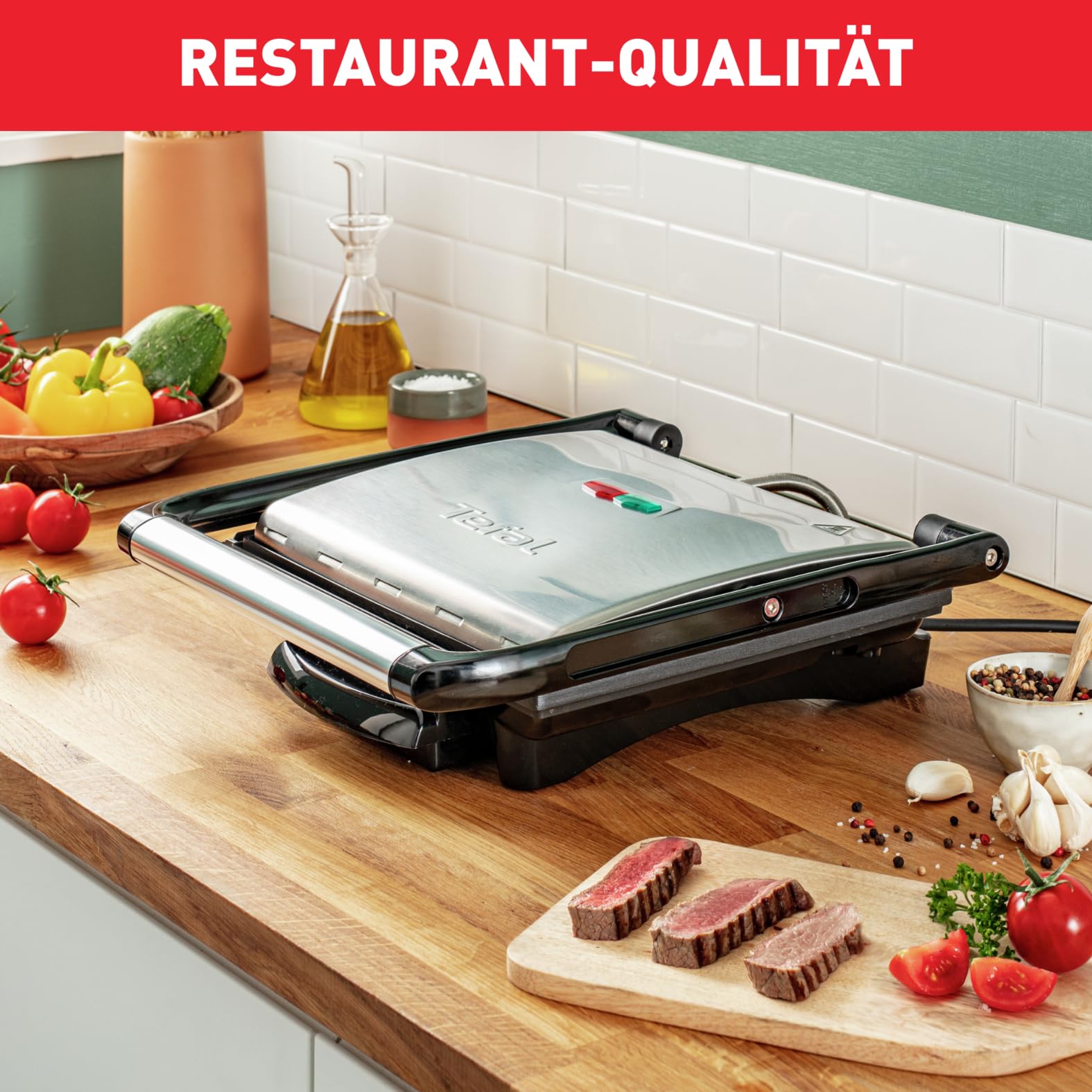 Tefal Inicio GC241D Kontaktgrill, Elektrogrill, 2000W, Antihaftbeschichtete Grillplatten, Edelstahl/Schwarz