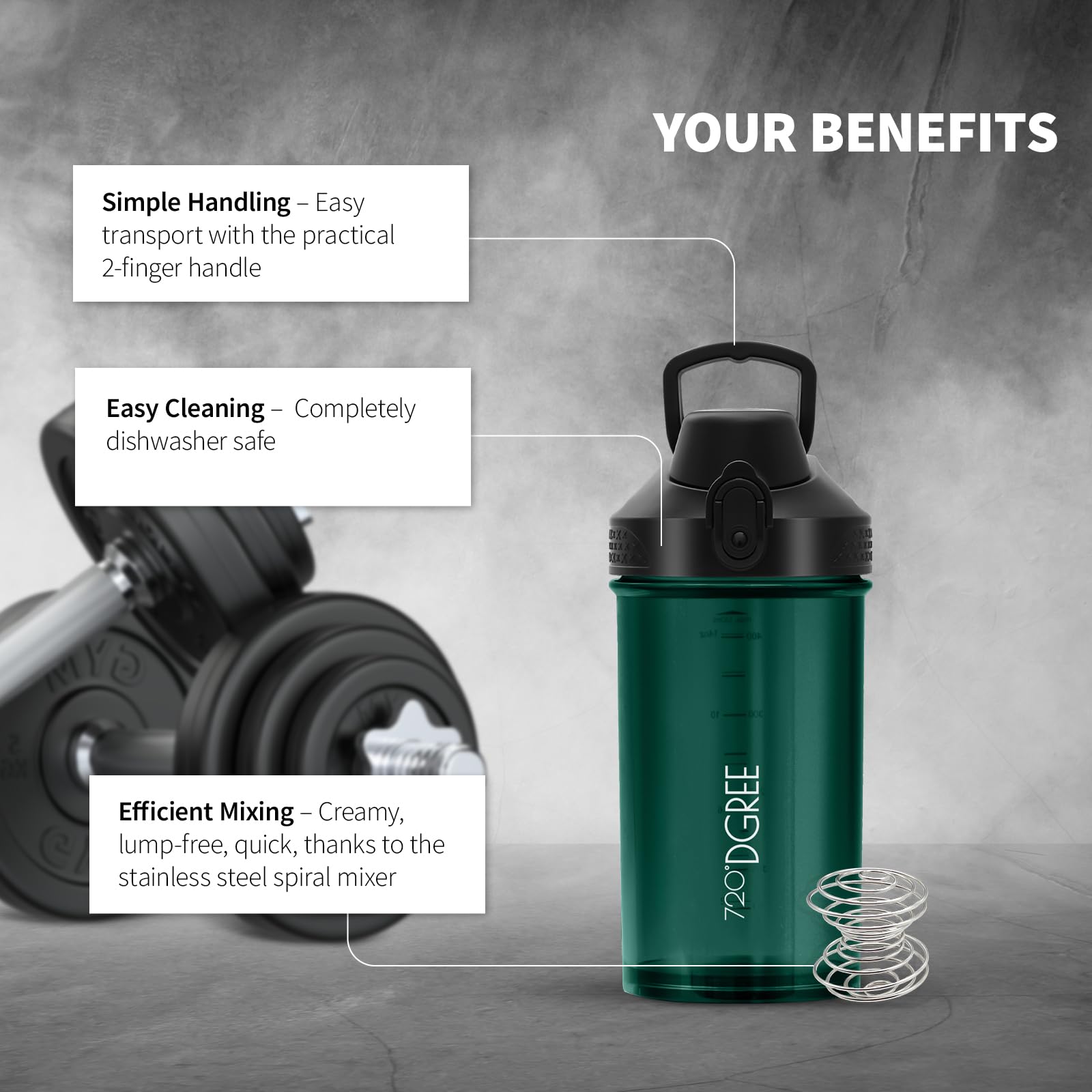 Shaker Per Proteine 650 Ml – Bottiglia Frullato Fitness – Anti-perdite, BPA Free, Nero Opaco