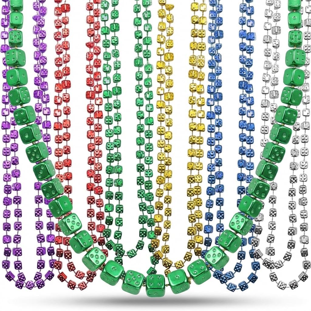 Bunco Dice Bead Necklaces – 12 Total Necklaces (33” Long) with 7.5MM Dice Beads, Assorted Mardi Gras Colors, Fun Bunco Prizes for Ladies Night, Casino Party & Group Events