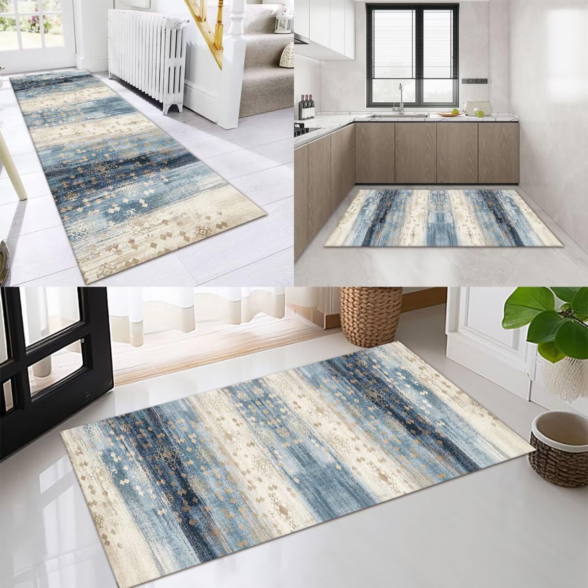 OFOFNG Runner Rug Long Hallway Kitchen Rug Blue Brown Corridor Non-Slip Modern Rug Mats 100x240cm Kitchen Bedroom Dining Room Polyester Indoor Entryway Mats Carpets Runners