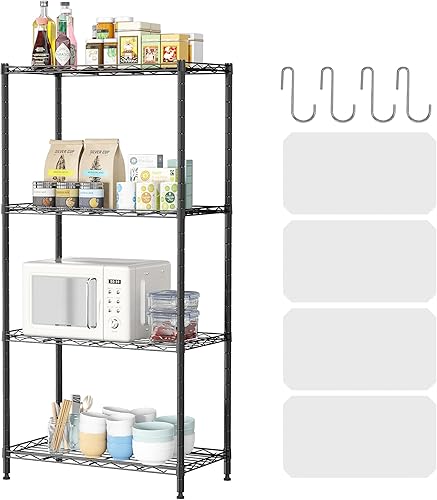 JEROAL Estantería de alambre de 4 niveles, estante de almacenamiento de altura ajustable con 4 ganchos en forma de S, 21.25 pulgadas de profundidad