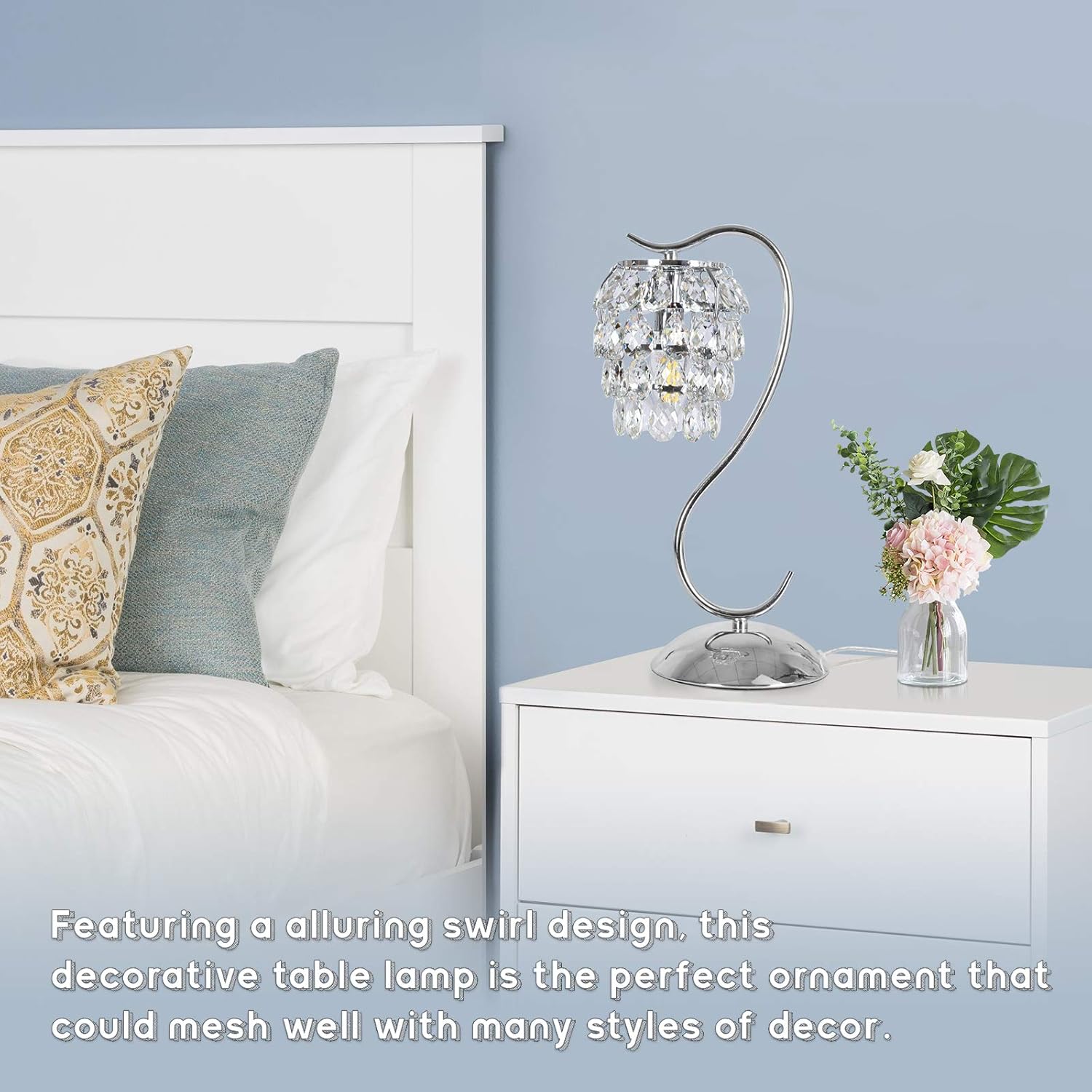 Small Crystal Bedside Lamp, 3 Way Dimmable Touch Control Table Lamp, Modern Nightstand Lamp with Elegant Shade, Silver Metal Base Decorative Lamp for Bedroom, Bathroom, Living Room, LED Bulb Included - - 