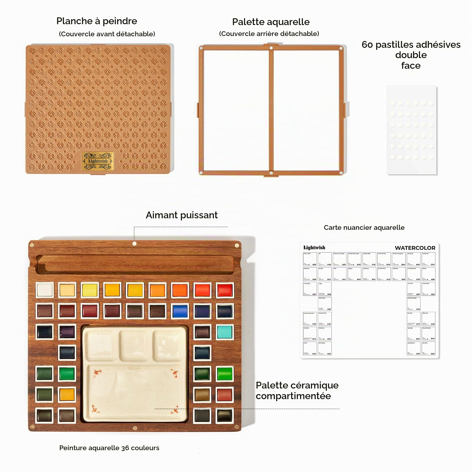 Palette d'aquarelle en bois avec 36 couleurs vives et palette en céramique faite à la main – Kit de peinture aquarelle pour artistes, adultes, débutants