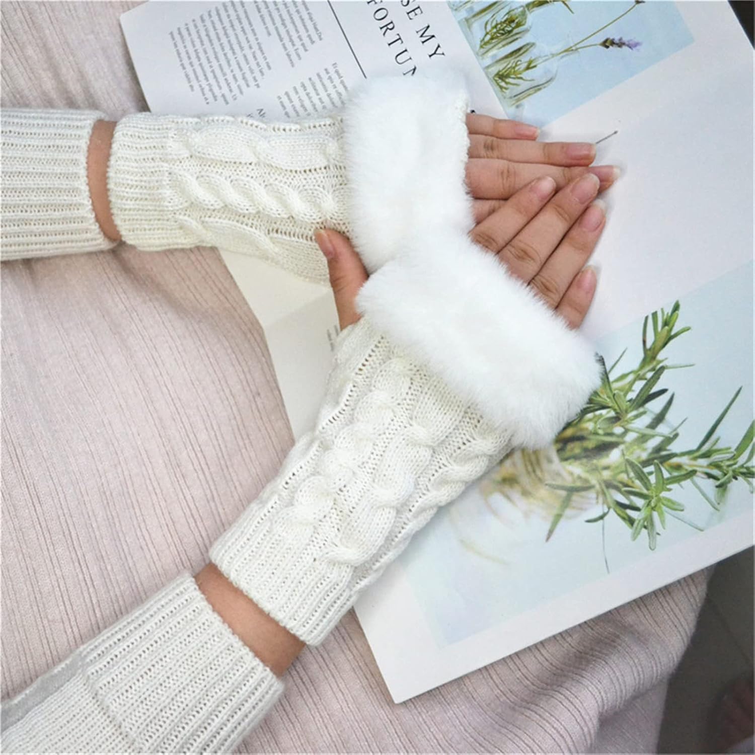 Women Knit Fingerless Gloves, Arm Warmers with Faux Fur, Winter Fingerless Wrist Warmer Mittens