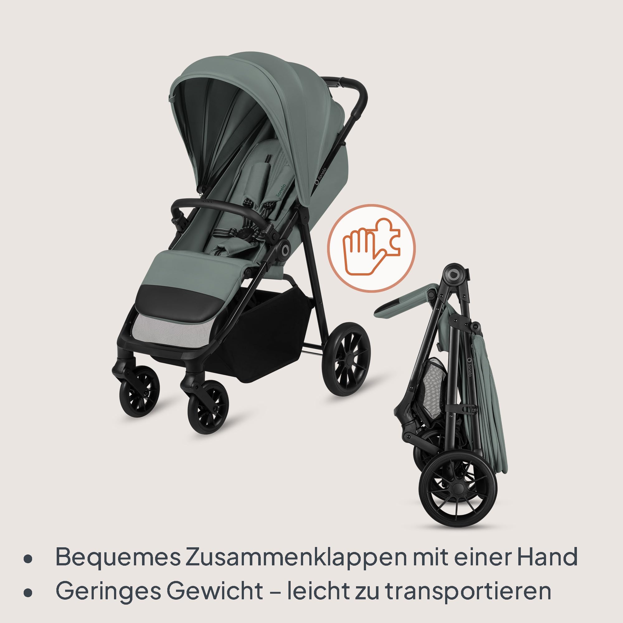 Lionelo Emerald Buggy bis 22 kg, 6 Monate–4 Jahre, EVA-Räder 360° mit Federung, einhändig faltbar, 91 cm Liegefläche mit verstellbarer Rückenlehne, UPF50+ wasserdichtes Verdeck, großer Einkaufskorb
