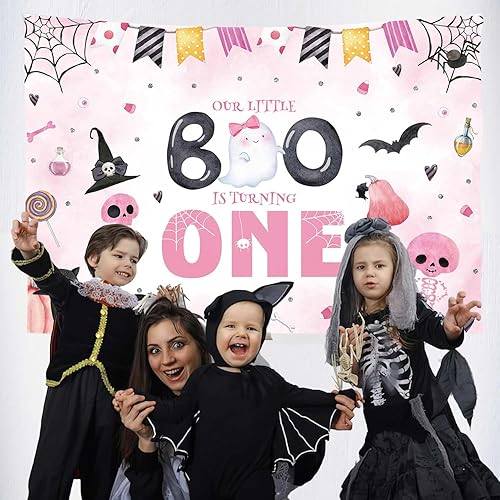 Miniatura 6 de Sendy Decoraciones de Halloween para fiesta de primer cumpleaños de 7 x 5 pies, telón de fondo de niña con texto en inglés "Our Little Boo is