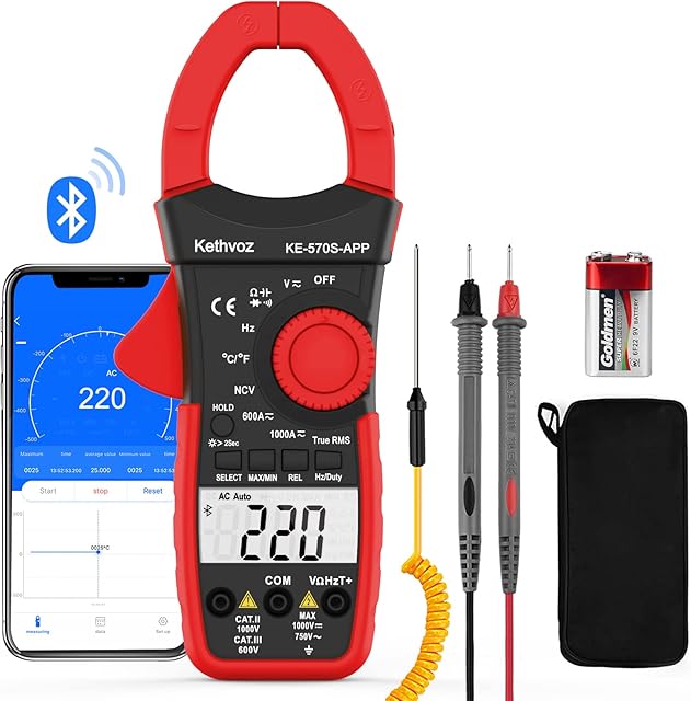 Digital Clamp Multimeter with Bluetooth, Non Contact 6000 Counts TRMS Electrical Voltage Current Meter, Auto Range Clamp-on Ammeter KE-570S-APP to Measure AC DC Volt Amp Ohm Temperature Capacitance