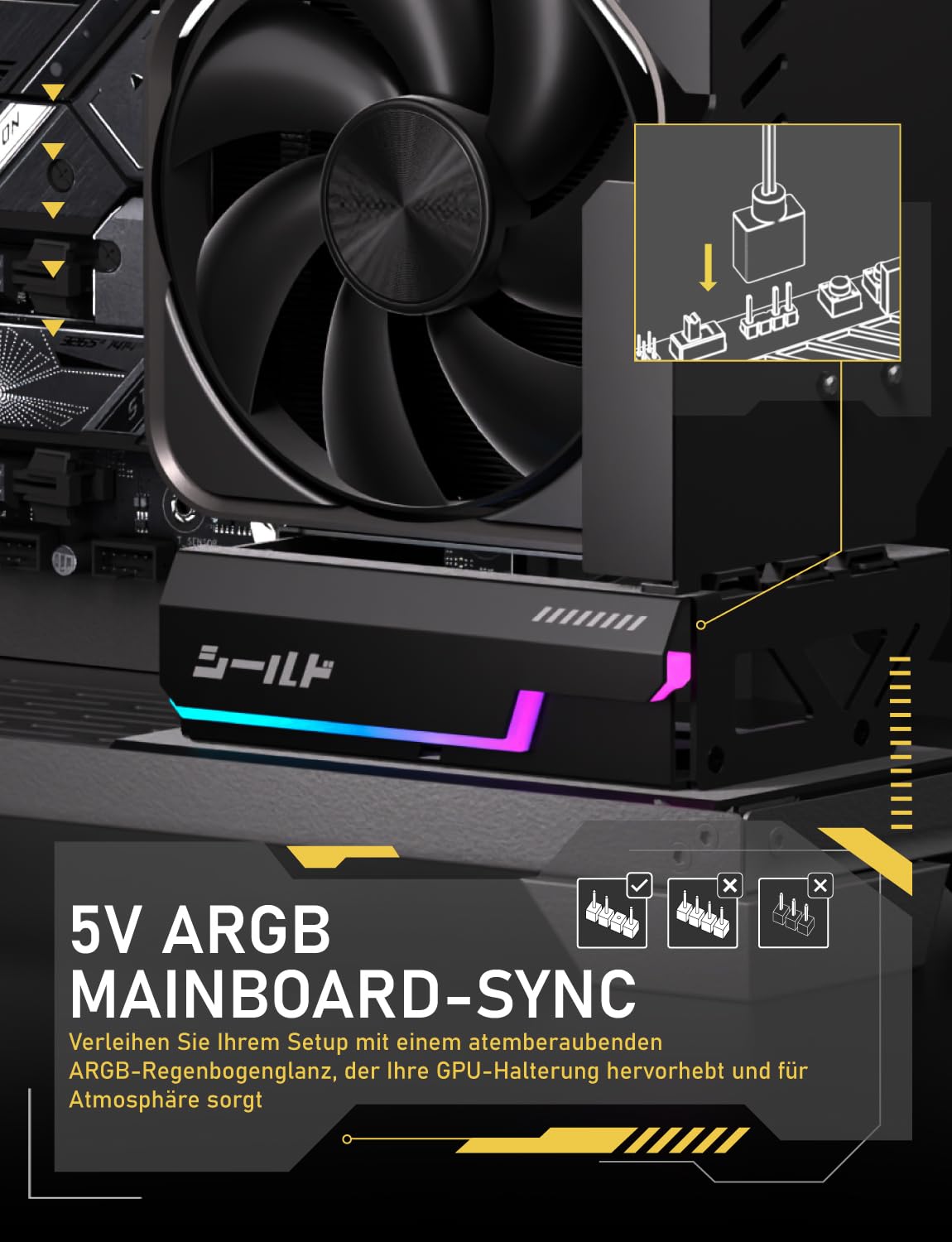 EZDIY-FAB Shield ARGB Supporto GPU verticale con PCIe 5.0 Riser - Supporto verticale per RTX serie 50, angolo regolabile a 20 gradi, installazione magnetica e slot per ventola, sincronizzazione ARGB