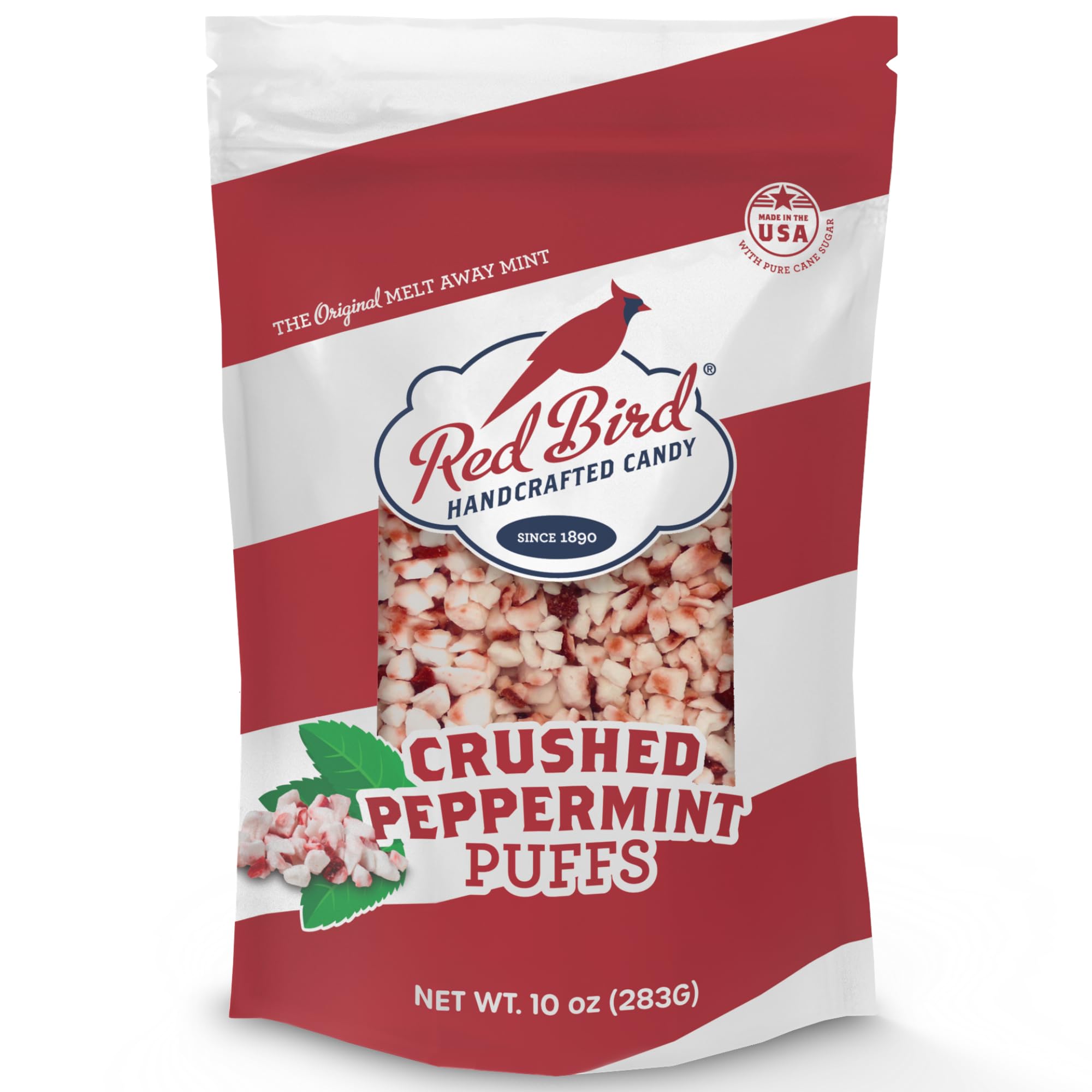 Red Bird Crushed Peppermint Puffs, No High-Fructose Corn Syrup, Soft Crushed Peppermint Candy Topping for Baking, Ice Cream & Drinks, 10 oz Bag