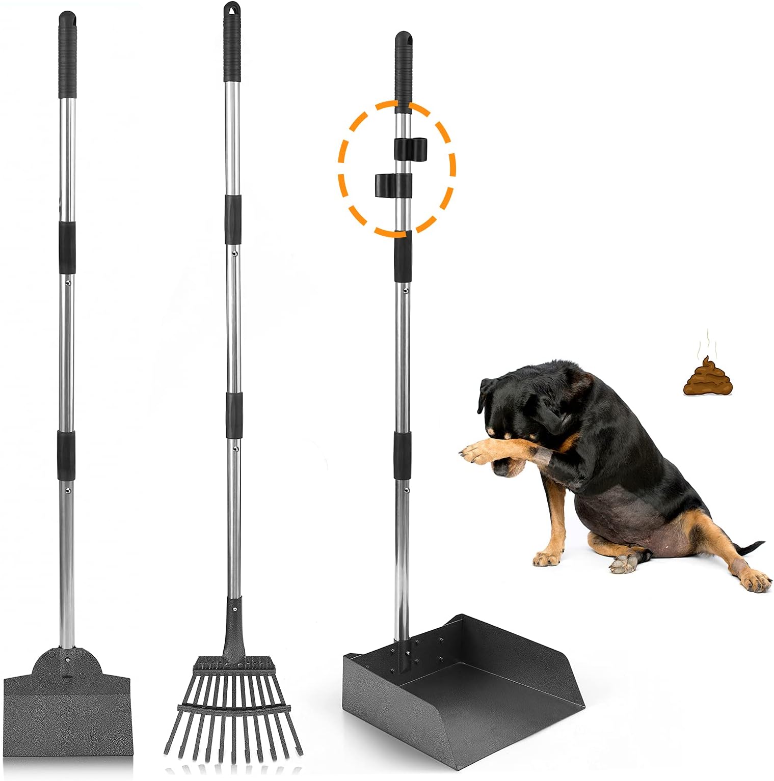 LUFFWELLDog Pooper Scooper, Adjustable Handle Poop Scooper with Tray,Rake and Spade Set of 3, Steel Stainless Poop Scoop for Medium Large Dogs and Pet Waste on Grass, Dirt and Gravel (Large Size)