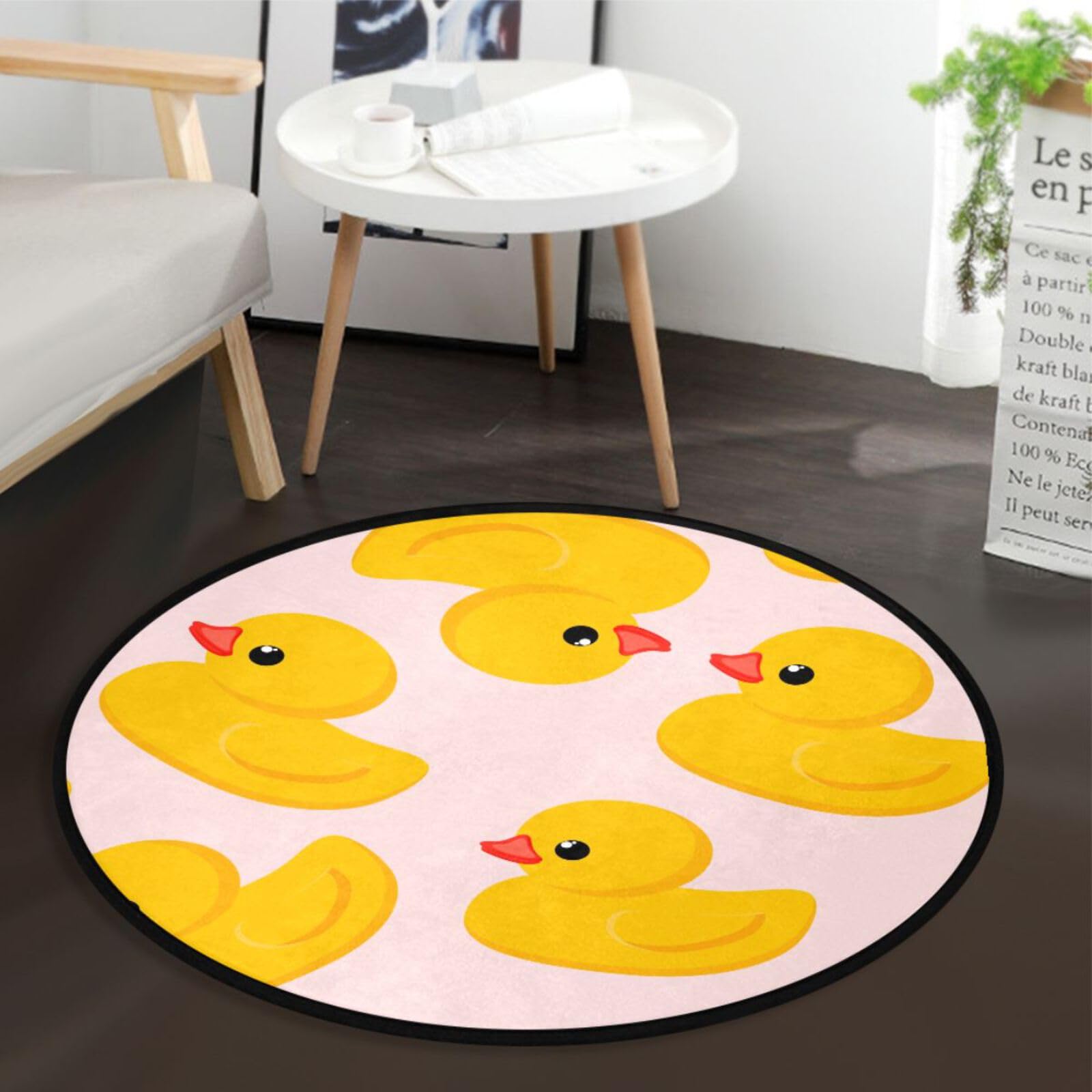 DIGTIA Cute Duck Round Rug 3 ft for Bedroom Washable Lovely Area Rug Mat Circle Non Slip Carpet with Rubber Backing Floor Mat Decor for Living Room