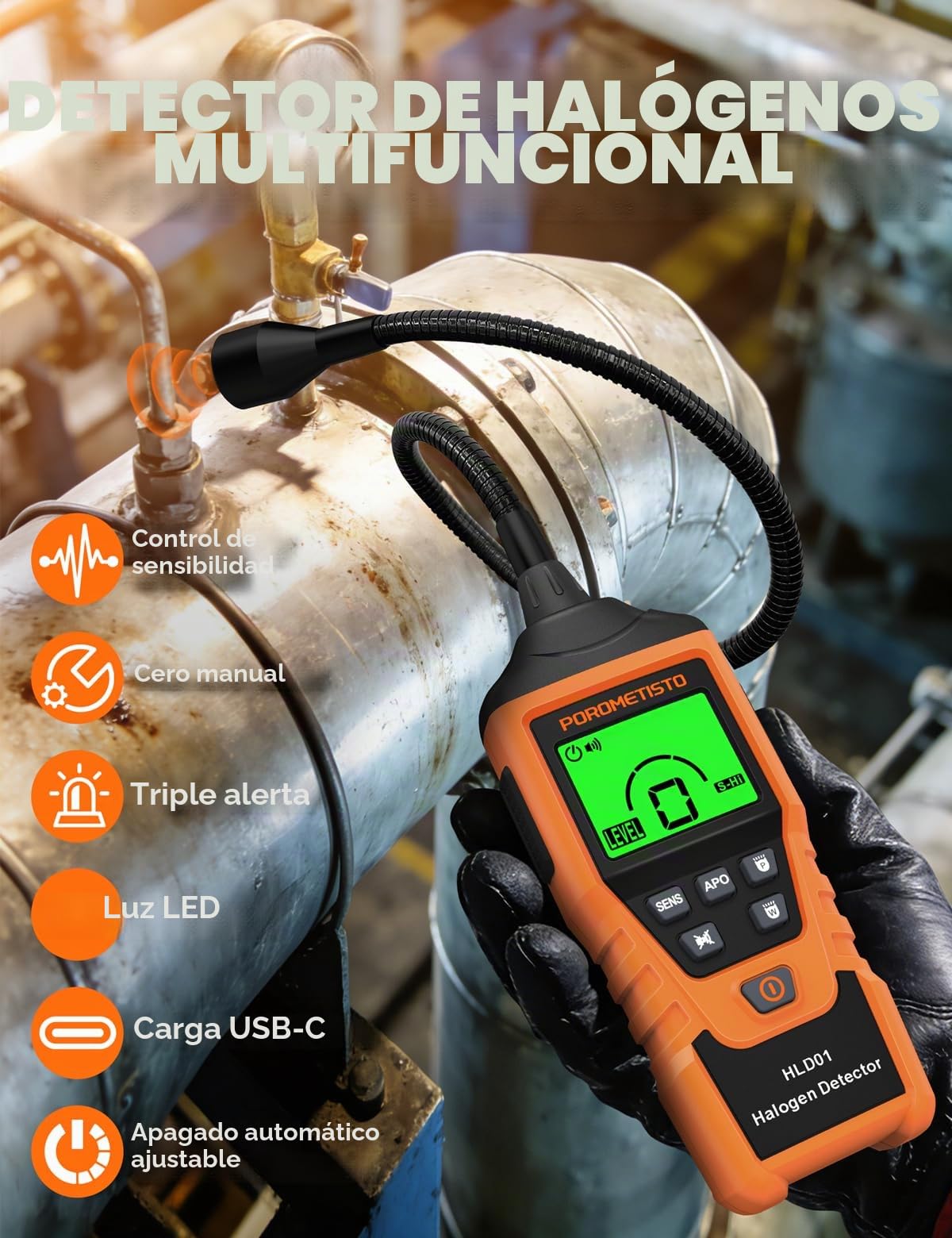 HLD01 Detector de HVAC Refrigerado – Comprobador de Gas Halógeno y Aire Acondicionado, USB-C y Autocalibración – Ideal en Coche, Cámara Frigorífica y Climatización Central