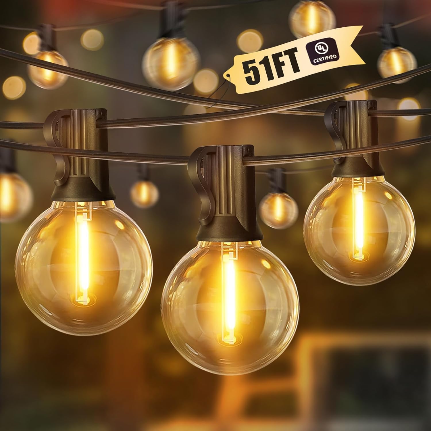 LED Outdoor String Light, 51 Feet Patio Lights with 25+2 Edison Shatterproof Bulbs(2 Spare), UL Waterproof Outside Lights connectable Dimmable for Backyard Porch Decor