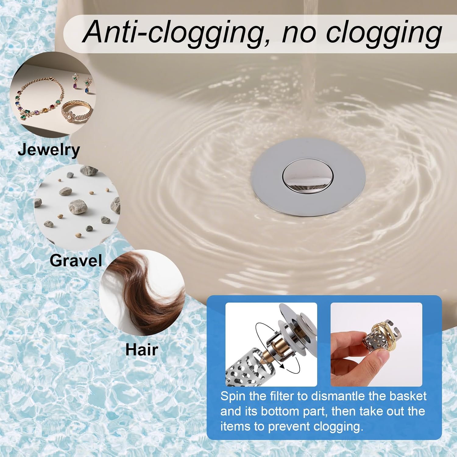 Bathroom Sink Stopper, Pop up Sink Plug Replacement with 3 Sizes Removable Strainer Basket Anti Clog Floor Drain Filter for 1.1-2.36 Inch Kitchen Bathroom Bathtub Universal Sinks Accessories Parts