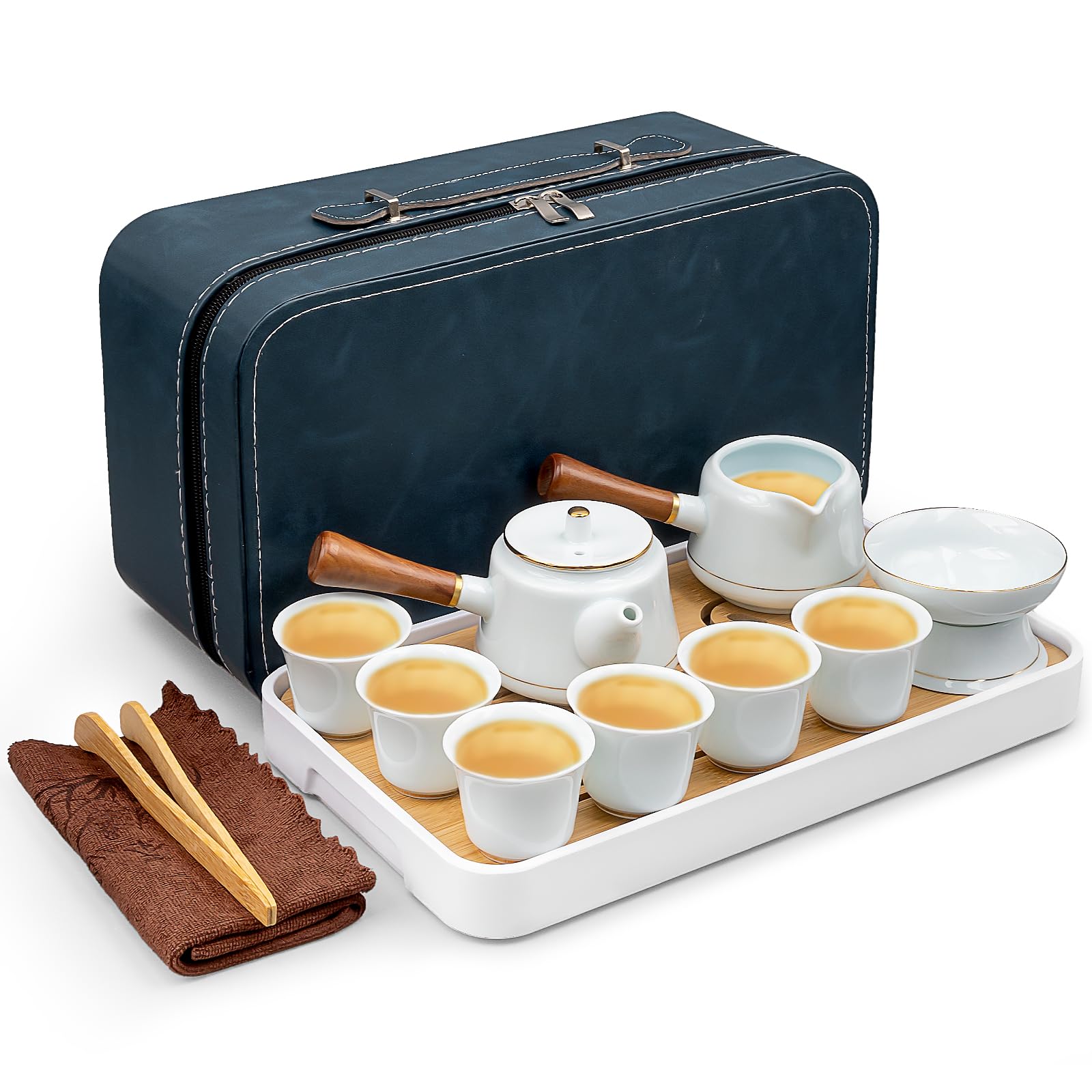 Japanisches Teeservice für 6, Tragbares Chinesisches Gongfu-Teeset 14 Stück Porzellan Teekanne Set Gongfu Teeservice inklusive Teetablett und Sieb für zu Hause,als Geschenk,Büro