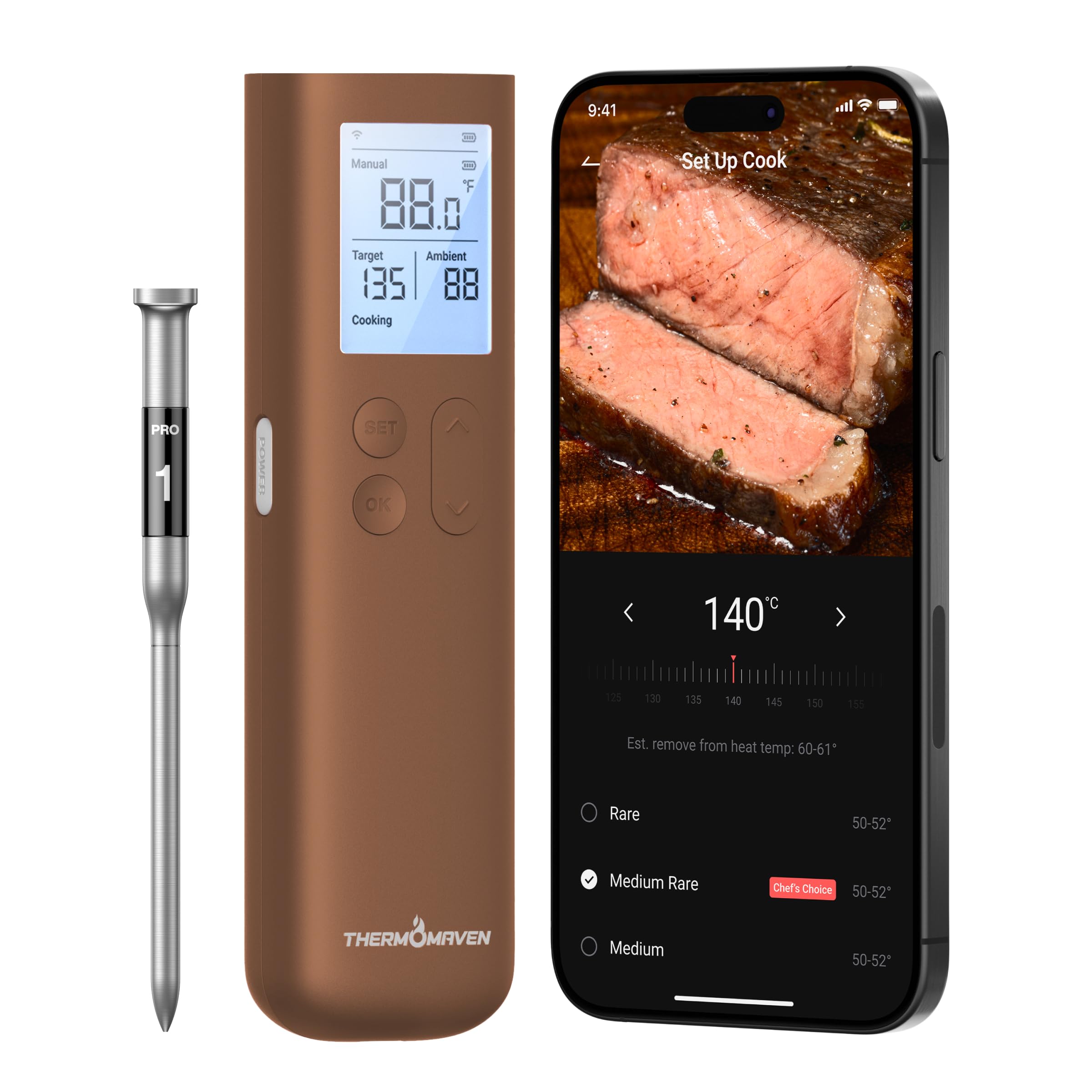 ThermoMaven Smart Bluetooth Termómetro Inalámbrico para Carne Sub-1G Estabilidad de Señal Base, Exactitud Certificada ± 0,3 °C, Alcance Wifi para Barbacoa, Horno, Ahumador, Barbacoa, Marrón