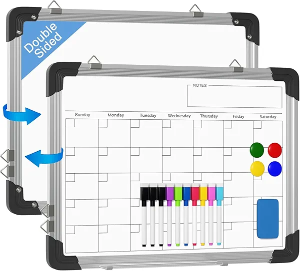 Monthly Calendar Whiteboard for Wall, 12" x 16" Magnetic Planner White Board Small Double-Sided Dry Erase Chalkboard, 10 Markers, 4 Magnets, 1 Eraser for School Home Office Gym to Do List Memo