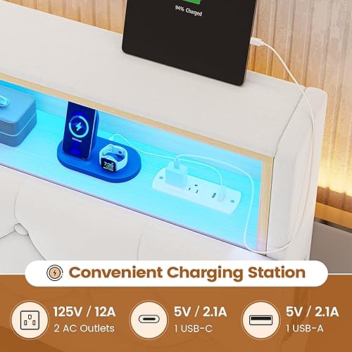 Miniatura 7 de BTHFST Base de cama Queen con 4 cajones y cabecera de almacenamiento, marco de cama LED tamaño Queen con estación de carga, cama tapizada de