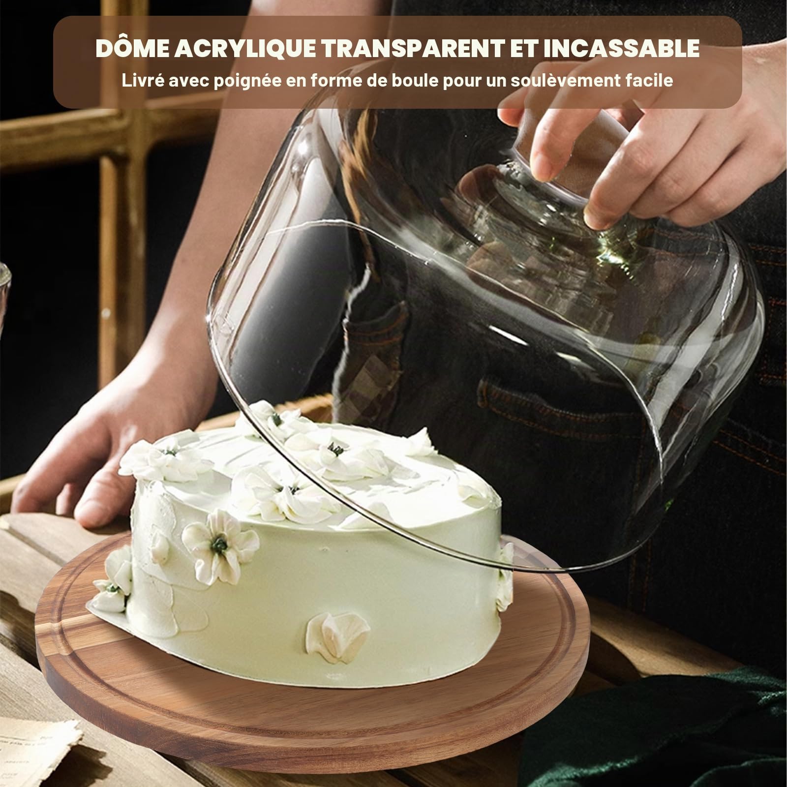 Plateau Tournant Patisserie en Bois D'acacia avec Cloche, Presentoir A Gateau 29,5 x 24 cm, Plateau Gateau Rond avec Couvercle pour Dessert Buffet