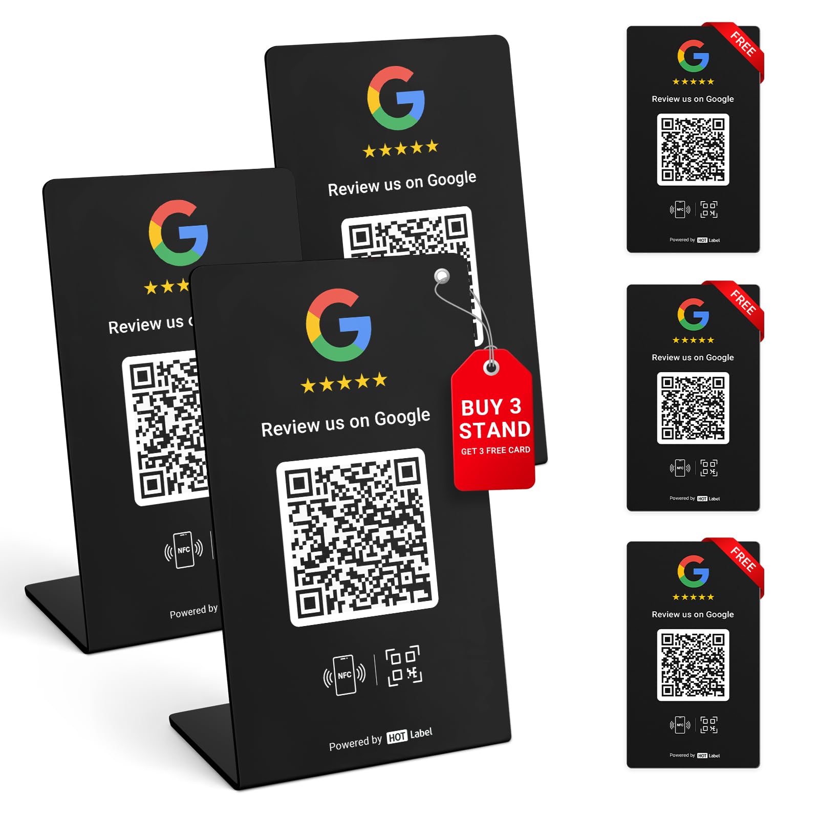 HotLabel Review Stand 3-Pack + Bonus Review Tap Card 3-Pack - Black - NFC Tap & QR Code - For Business Review - Supports 2 Different Stores or Same - No App/Subscription
