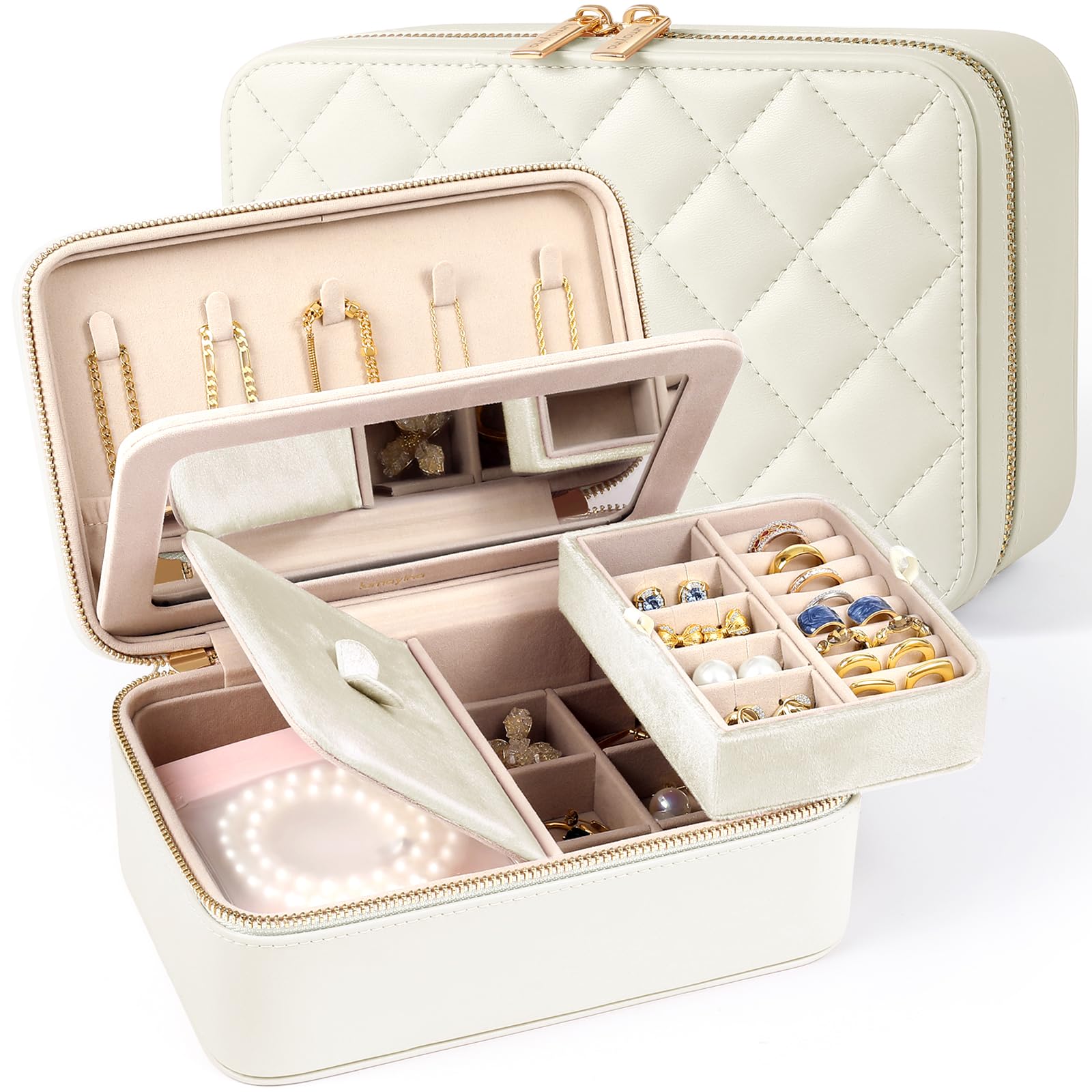 Revemcn Women's Beige Double-Layer Travel Jewellery Box With Mirror, Jewellery Organiser Case For And Girls, Spacious Jewellery Storage With 6 Anti-Tarnish Pouches, Gift For Her (Beige)