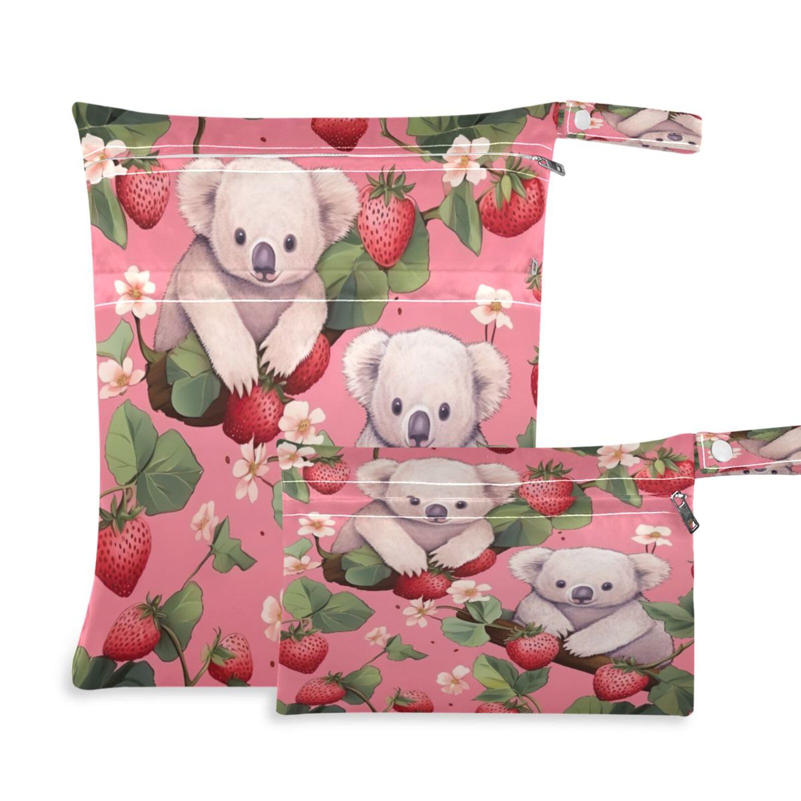 ATTX Two Koalas Strawberries Wet Dry Bags 2-Pack - Reusable Cloth Diaper Storage for Travel, Beach & Gym | Multi-Use Waterproof Bags for Swimsuits, Baby Clothes, Sports Gear#358