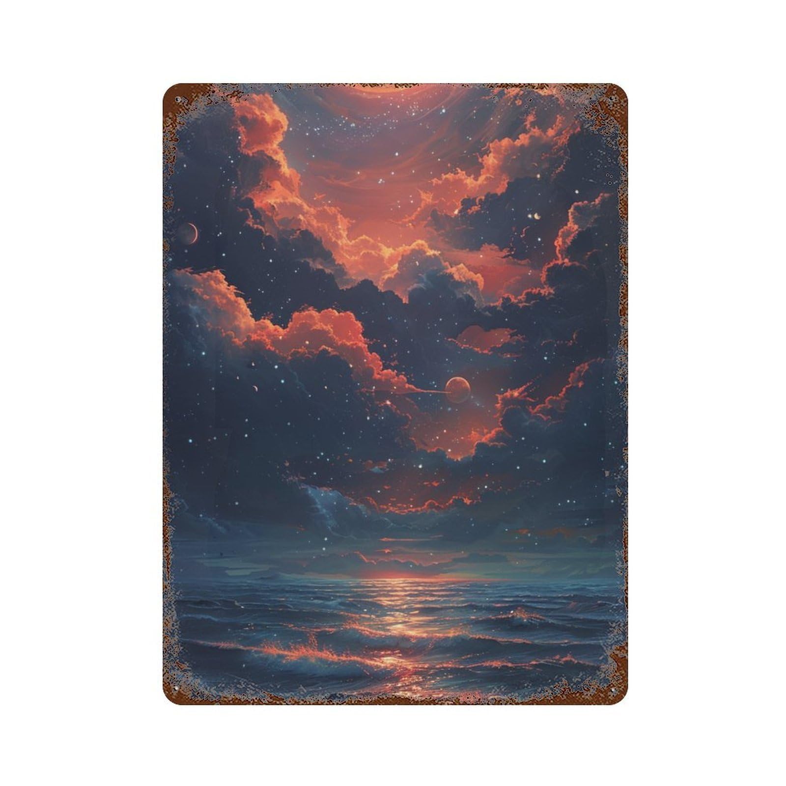 Galactic Sunset Over Ocean Rust Effect Tin Sign 15.7"x11.8", Industrial Home Decor for Basement, Hobby Room And Garage Decor