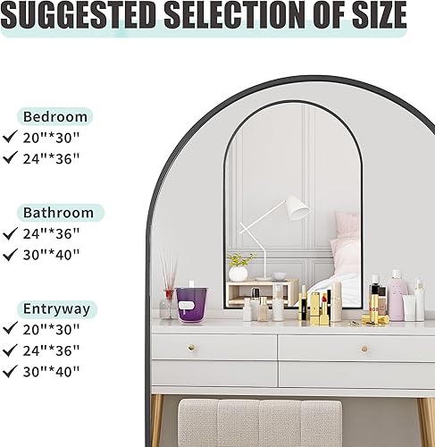 Miniatura 7 de Arcus Home Espejo negro arqueado de 30 x 40 pulgadas, espejo de baño con marco de hierro recubierto de polvo, espejos para pared, dormitorio,