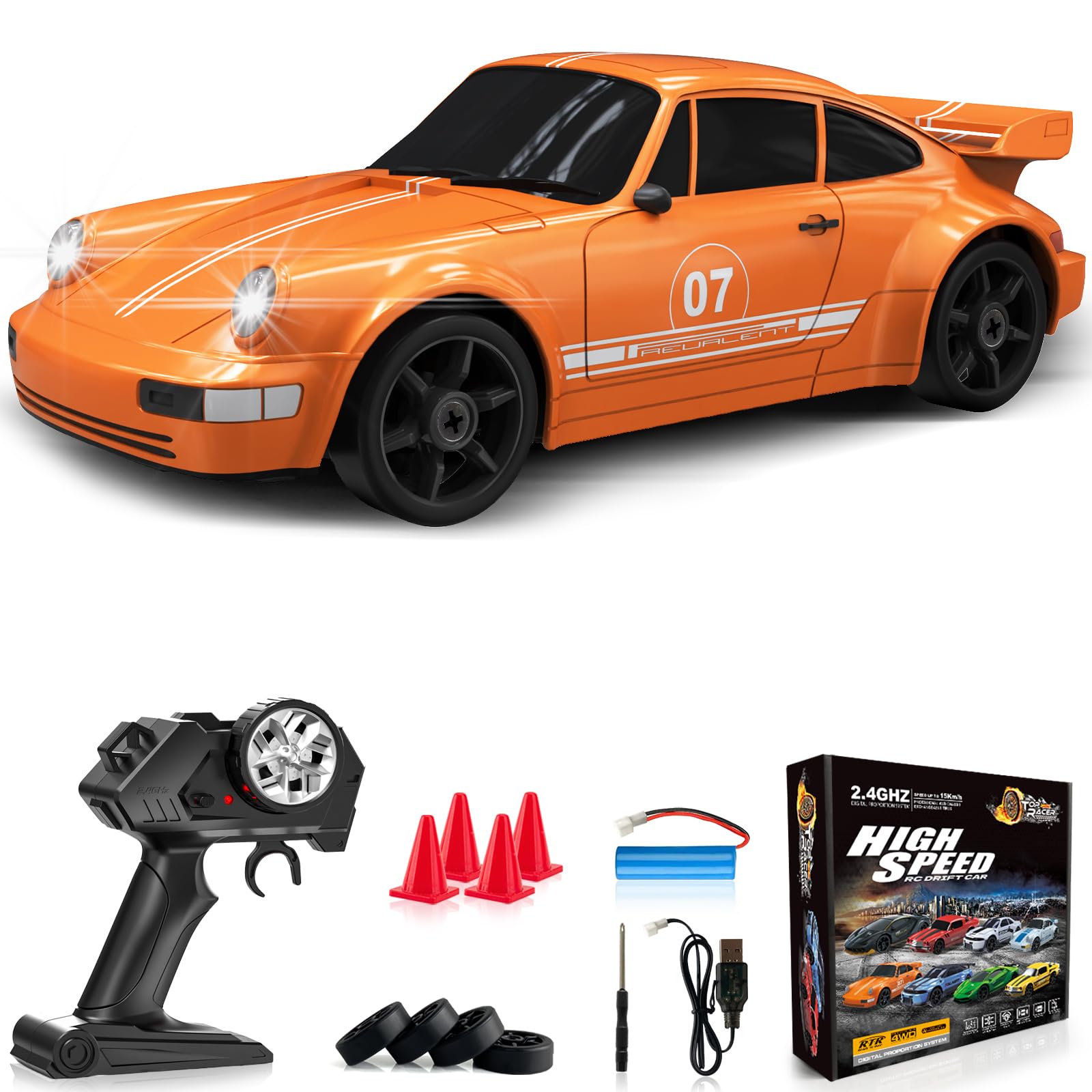 RC Drift Car 1:24 Remote Control Car 4WD 15KM/H High Speed Racing Sport Car with LED Lights RC Cars Toy for Kids Boys Girls Adults Gifts Birthday Christmas Rechargeable Batteries