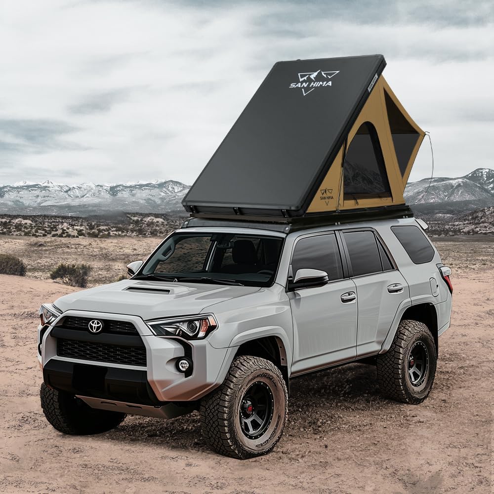 Sanhima Rooftop Tent Hard Shell - Hotham Lite Overland Aluminium Roof Top Tent 4.56" Slimline, w/Tri-Color LED Strip Light & 1.97” Thick Mattress, for Car SUV Truck Camping, 2-3 People