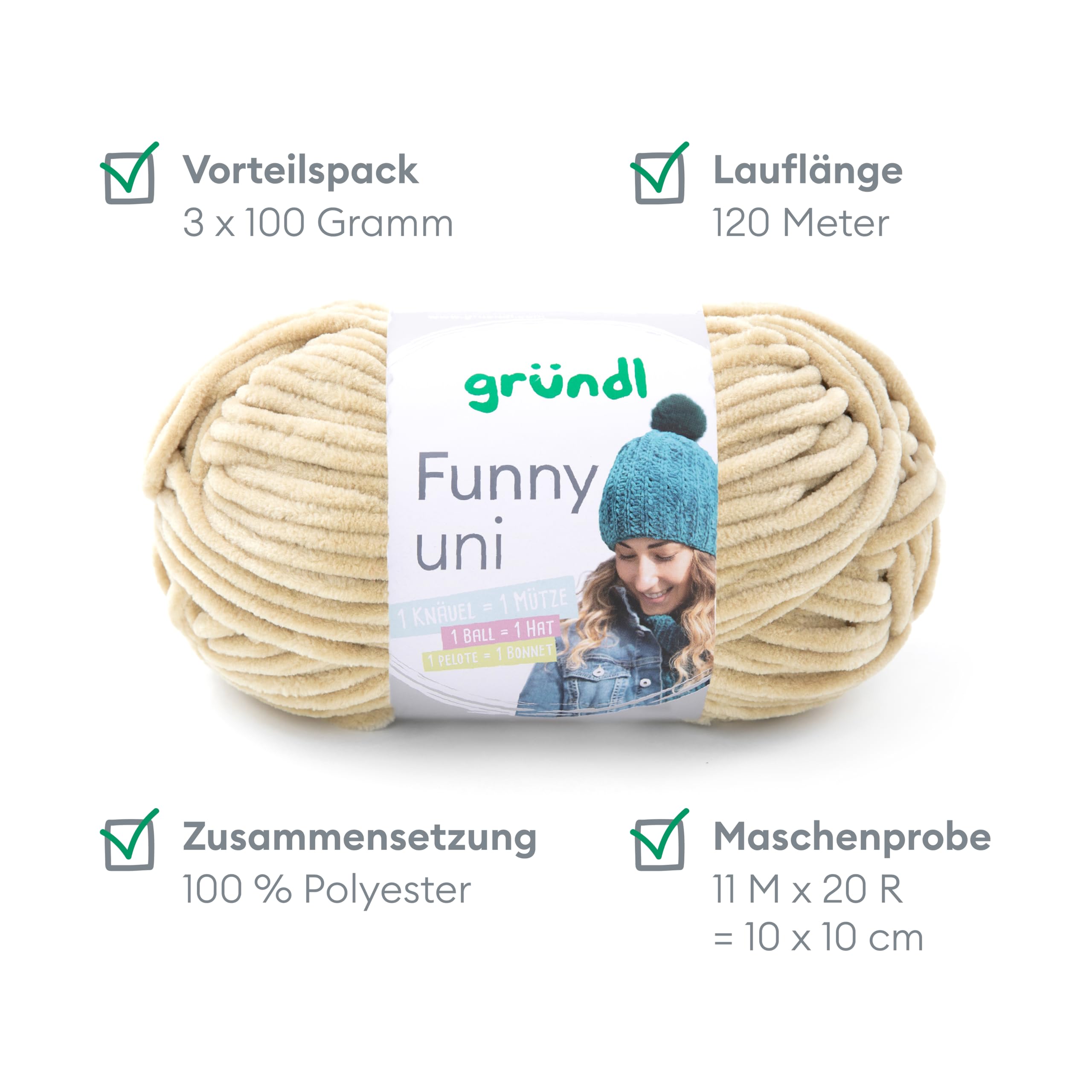 Gründl Laine Funny uni - laine chenille douce pour le crochet – moelleuse et respectueuse de la peau - 100% polyester – 2 pelotes 100 g / 120 m – taille d’aiguille 5-6 -beige - 3