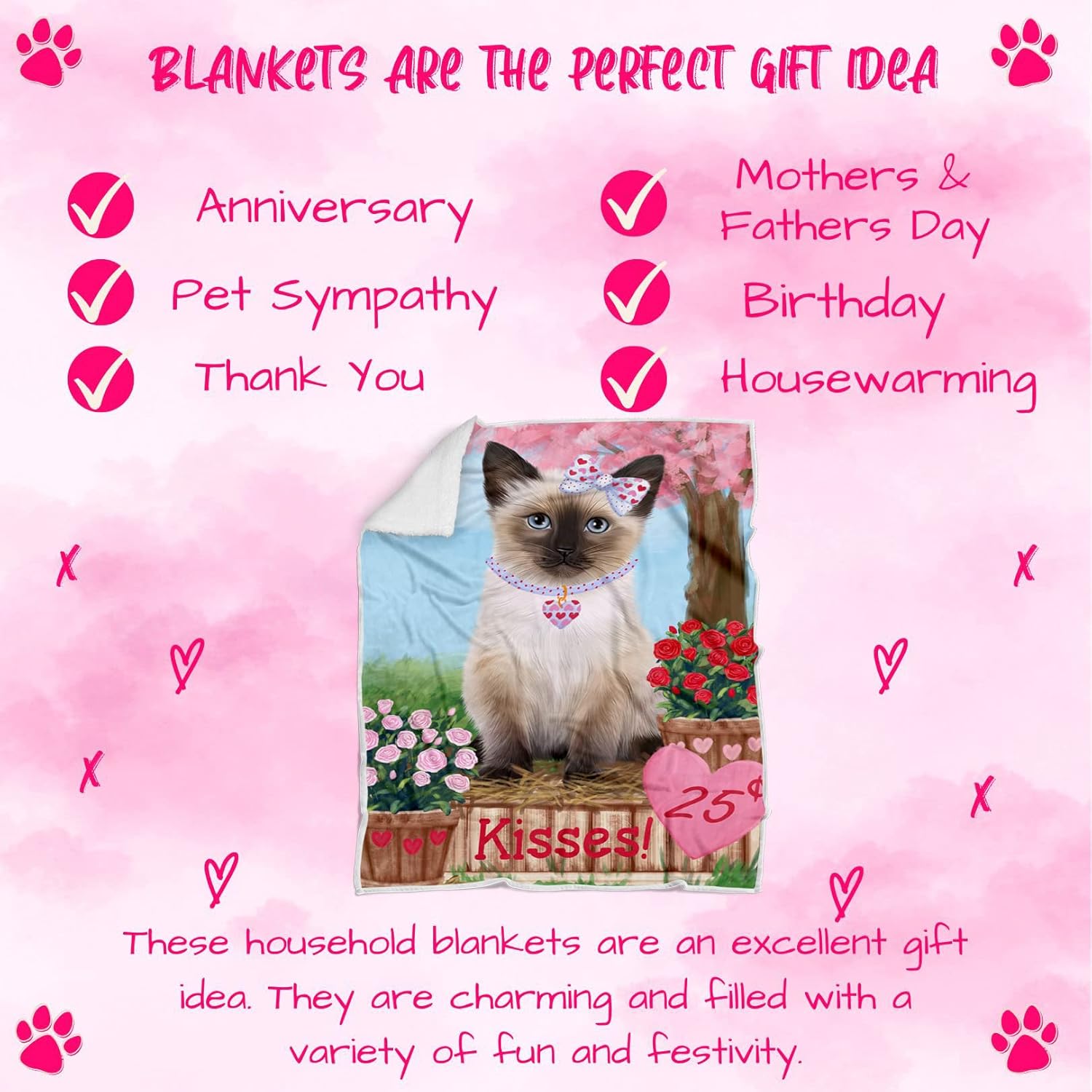 Rosie 25 Cent Kisses Siamese Cat Blanket - Lightweight Soft Cozy and Durable Bed Blanket - Animal Theme Fuzzy Blanket for Sofa Couch BLNKT61746 (50x60 Woven)