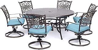 Hanover Traditions Set with 6 Swivel Rocker Chairs, Tan Cushions and Large 38"x72" Dining Table, Outdoor Dining Set for 6