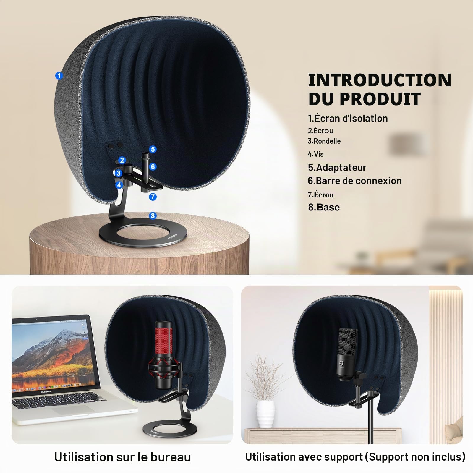 Aokeo Bouclier d'isolation professionnel pliable et réglable pour tout équipement d'enregistrement de microphone à condensateur