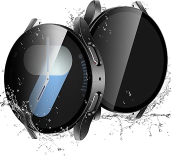 Easuny 2 Pack Waterproof Privacy Case with Tempered Glass Screen Protector for Samsung Galaxy Watch 7 44mm, Overall Protection Anti-Slip Scratch-Resistant Cover for Galaxy Watch7