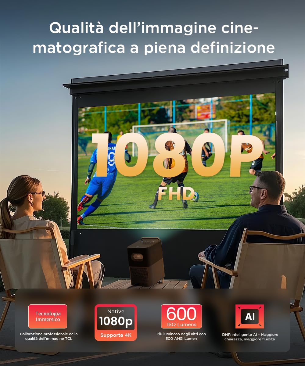 TCL A1s Proiettore 4K Supporta, Smart Google TV, Licenza Netflix, 2x 8 W Audio Dolby, Nativa 1080P, ISO 600, Con Messa a Fuoco Automatica e Correzione Trapezoidale, Wi-Fi Bluetooth, Protector Portátil